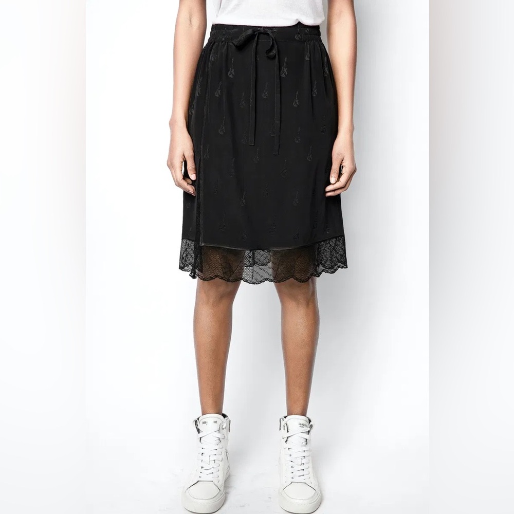 Zadig & Voltaire Black Silk Skirt with Lace Trim